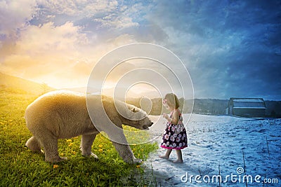 Polar bear and little girl Stock Photo