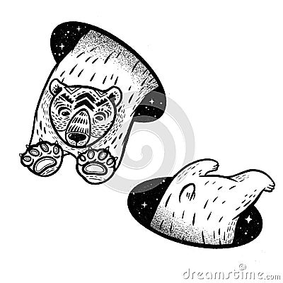 Polar bear in magic teleport. Linear black and white drawing. Cartoon Illustration