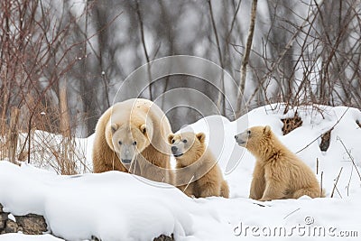 polar bear mother watches over her cubs as they wrestle in the snow Stock Photo