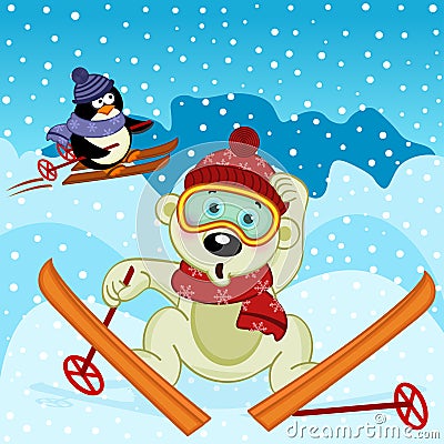 Polar bear and penguin skiing Vector Illustration