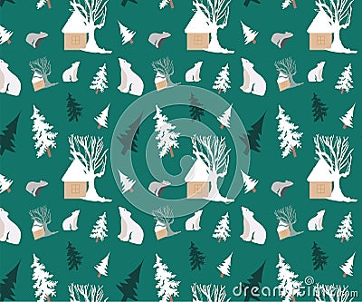 Polar bear, Pine tree and small hut vector repeat pattern Stock Photo