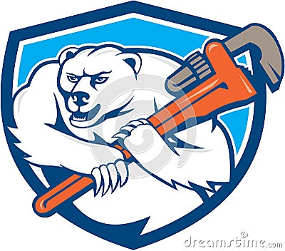 Polar Bear Plumber Monkey Wrench Shield Cartoon Cartoon Illustration