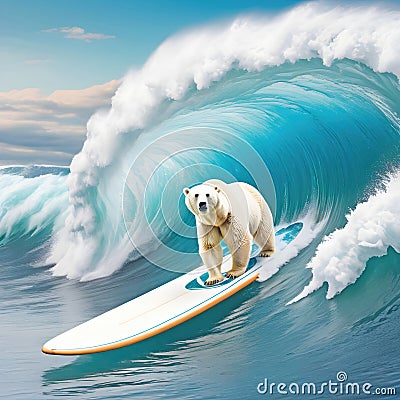 Polar Bear Riding a Surfboard Stock Photo