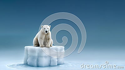 Polar bear sits on small ice floe, melting ocean. Global warming. Generative AI Stock Photo