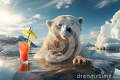 A polar bear sitting in the water with a glass of exotic cocktail Stock Photo