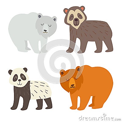 Polar bear, spectacled bear, panda and brown bear set. Flat cartoon vector illustration Vector Illustration