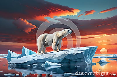 A Polar Bear Stranded on a Shrinking Iceberg in the Arctic Ocean: Skyscape Reflecting a Warming World Stock Photo
