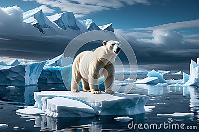 A Polar Bear Stranded on a Shrinking Iceberg in the Middle of Deep Blue Arctic Waters: Embodying the Climate Crisis Stock Photo