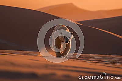 A polar bear walks desperately through the desert looking for water and food.Global warming has left this polar bear without Stock Photo