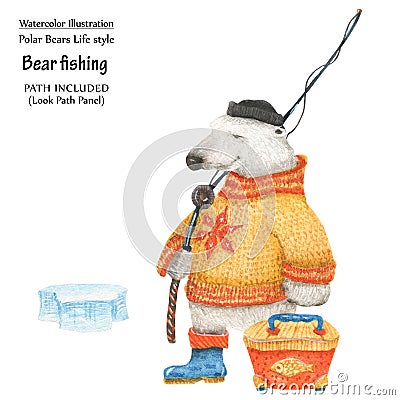 Polar bear in winter fishing, closeup illustration Cartoon Illustration