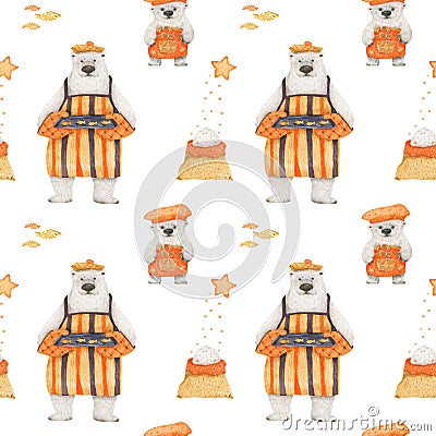 Polar bears baking sugar cookies. Art seamless pattern Stock Photo