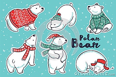 Polar Bears collection in red and green sweater, scarf, hat Vector Illustration