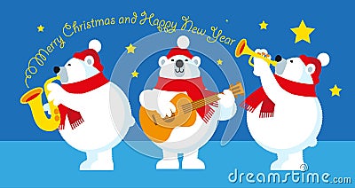 Polar Bears jazz trio playing Christmas song Cartoon Illustration