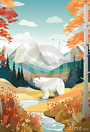 Polar bears, pine trees and autumn woodland on blue background Stock Photo