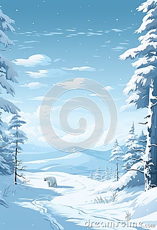 Polar bears, pine trees and autumn woodland on blue background Stock Photo