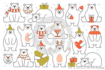 Polar bears winter and christmas character with holiday accessories line set vector illustration Vector Illustration