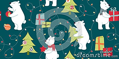 Bears are preparing for Christmas, preparing gifts, decorate the Christmas tree. Vector Illustration