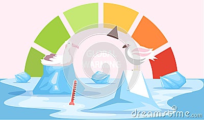 Polar birds are sitting on icebergs during global warming. Earth temperature rise indicator Vector Illustration