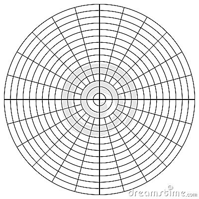 Polar coordinate circular grid isolated on white background. 360 degrees scale. Blank polar graph paper. Vector Vector Illustration