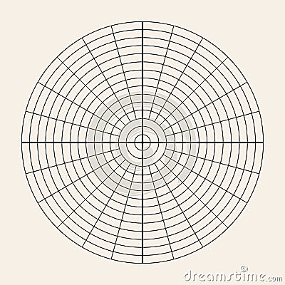 Polar coordinate circular grid isolated on white background. 360 degrees scale. Blank polar graph paper. Vector Vector Illustration