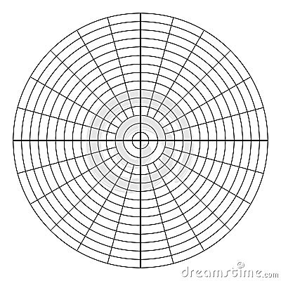 Polar coordinate circular grid isolated on white background. 360 degrees scale. Blank polar graph paper. Vector Vector Illustration