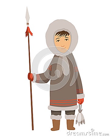 Polar eskimo character. Indigenous fisherman wearing traditional warm clothes. Person with caught fish. Traditional Vector Illustration