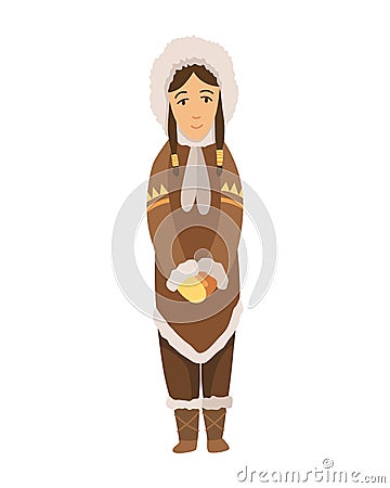 Polar eskimo character. Indigenous woman wearing traditional warm clothes. Traditional ethnic character standing Vector Illustration