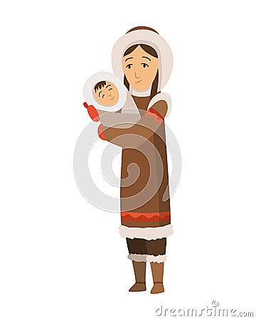 Polar eskimo character. Indigenous woman wearing traditional warm clothes. Woman with newborn baby. Traditional ethnic Vector Illustration