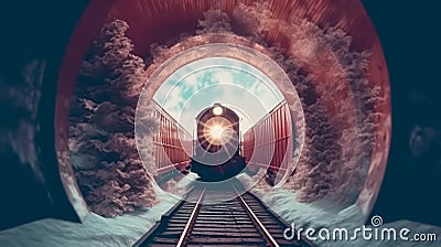 polar express Steam train with smoking locomotive among-winter enters olden tunnel Stock Photo