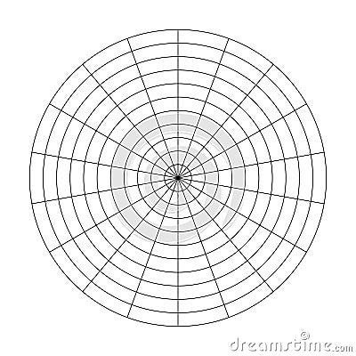 Polar grid of 10 concentric circles and 20 degrees steps. Blank vector polar graph paper Vector Illustration