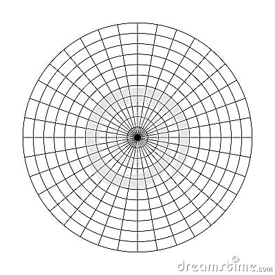 Polar grid of 10 concentric circles and 10 degrees steps. Blank vector polar graph paper Vector Illustration