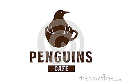 Polar Penguins Silhouette with Coffee Cup for Cafe Logo Design Stock Photo