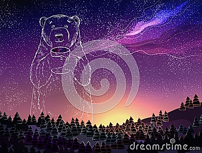 Polar white bear on full of stars galaxy sky. Fantasy winter landscape at night.Christmas and New Year theme. Stock Photo