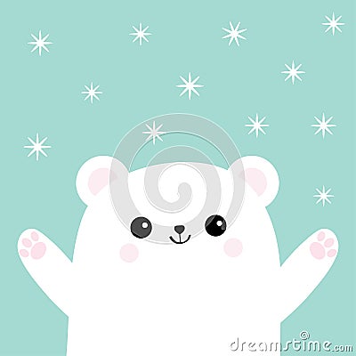 Polar white small little bear cub. Reaching for a hug. Cute cartoon baby character icon. Open hand ready for a hugging Arctic anim Vector Illustration