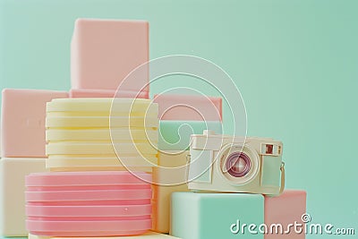 Polaroid camera on pastel filters stack. By generative Ai Stock Photo