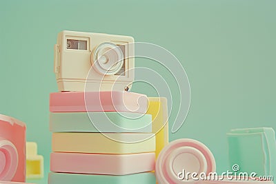 Polaroid camera on top of soft pink and yellow light filters stack. By generative Ai Stock Photo
