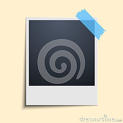 Polaroid on a pale yellow background. Photo frame. Blue scotch tape. Vector Cartoon Illustration