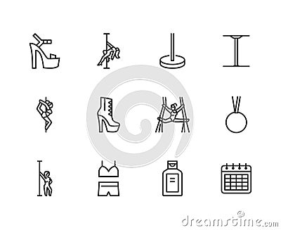 Pole dance flat line icons set. Sexy girl dancing, stripper high heels shoe vector illustrations. Outline signs for Vector Illustration
