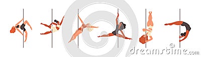 Pole dancers exercising on pylon, flat vector illustration isolated on white background. Vector Illustration
