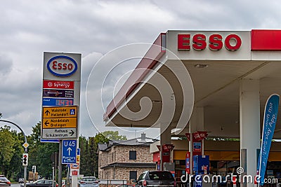 Pole at gas station. Esso is a brand of ExxonMobil headquartered in Irving, Texas, USA Editorial Stock Photo