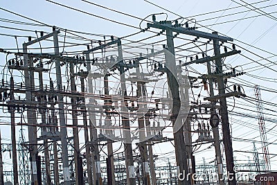 Pole high-voltage transmission voltage white red for several high-vold... Stock Photo