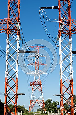 Pole high-voltage transmission voltage white red for several high-vold... Stock Photo