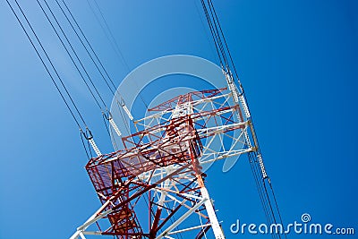 Pole high-voltage transmission voltage white red for several high-vold... Stock Photo