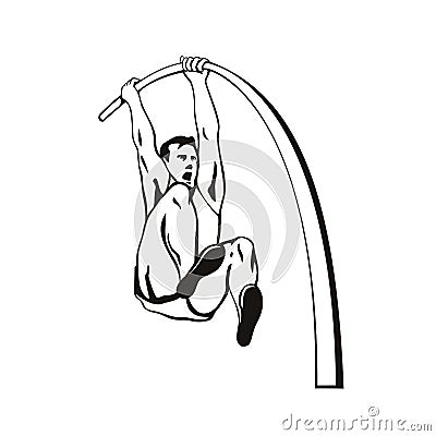 Pole Vaulter with Flexible Pole Jumping Over Bar Pole Vaulting Stencil Black and White Retro Style Vector Illustration