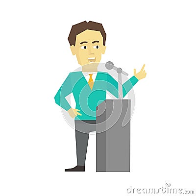 Polemicist speaker. Business man politician. President speech on tribune pulpit. Flat color vector illustration. Vector Illustration