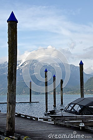 Poles around Harrison Hot Springs marina pier Stock Photo