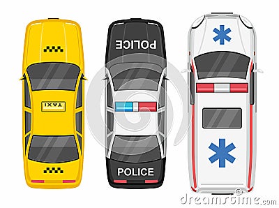 Top view Police, Ambulance car and taxi Vector Illustration