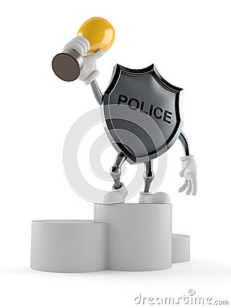 Police badge character holding golden trophy Cartoon Illustration