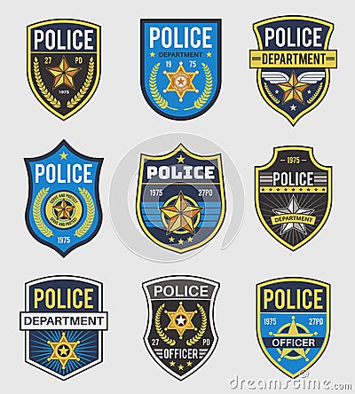 Police badges. Officer government badge, special police security medallion and federal agent signs, policeman insignia Vector Illustration