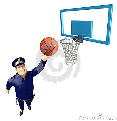 Police with Basket and Basket ball Cartoon Illustration